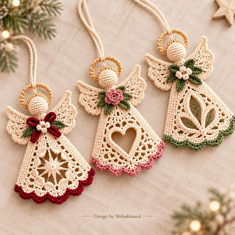 May include: Three crocheted angel ornaments in cream yarn with gold halos. Each features a unique center design: a star, a heart, and a leaf motif. They are accented with small crocheted flowers and leaves in red, pink, and green, with matching scalloped hems.
