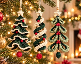 May include: Three crocheted Christmas tree ornaments hanging from a branch. The first is a dark green ruffled tree with cream edges and red berries. The second is a spiral tree in cream and dark green. The third is a light green looped tree.