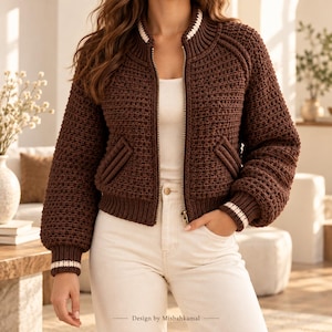 May include: A dark brown knit bomber jacket featuring a textured crochet pattern, a gold-tone front zipper, and ribbed cuffs and collar with white striped detailing. The jacket includes two front pockets and is worn over a plain white top.