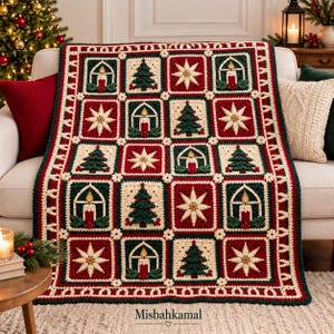 May include: A rectangular crochet blanket featuring a repeating grid pattern of Christmas-themed squares in red, dark green, and cream. The squares display motifs of lit candles, evergreen trees, and stars, joined by small cream-colored floral accents.