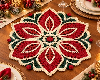 May include: A round, crocheted doily featuring a central floral motif with eight large, pointed petals in deep red, outlined in cream, and accented with dark green sections. The edges are finished with small, cream-colored bobbles and red buds.