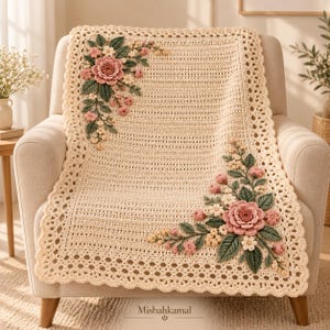 May include: A cream-colored crochet blanket featuring a decorative border and two large floral appliqués in the top-left and bottom-right corners. The flowers are shades of pink, white, and yellow with dark green leaves. Text reads Misbahkamal.