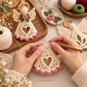 May include: A cream-colored crochet angel ornament featuring a central heart-shaped cutout, a pink scalloped hem, and a halo. The piece is being crafted with a wooden crochet hook, with additional finished angels and yarn nearby. Text reads: Design by Mishahkamal.