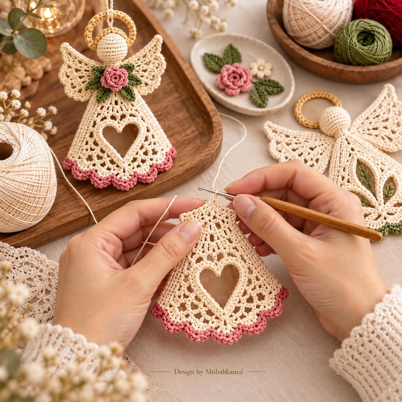 May include: A cream-colored crochet angel ornament featuring a central heart-shaped cutout, a pink scalloped hem, and a halo. The piece is being crafted with a wooden crochet hook, with additional finished angels and yarn nearby. Text reads: Design by Mishahkamal.