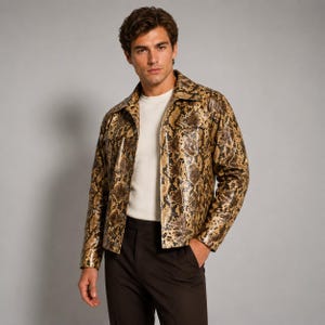Men’s Snakeskin Print Faux Leather Jacket | Streetwear Casual Outerwear | Retro Y2K Statement Jacket