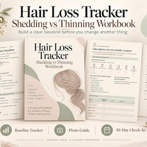 Può includere: Un quaderno di monitoraggio della perdita di capelli con copertina beige e un disegno al tratto di una persona con coda di cavallo. Il quaderno include pagine per istantanee di base, guide fotografiche e check-in di 30 giorni con caselle.