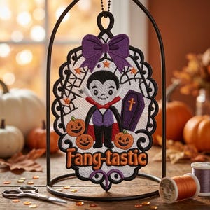 FSL Vampire Ornament Machine Embroidery Design, Freestanding Lace Fang-tastic Dracula Coffin Halloween Decor, 2 Sizes