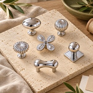 Pomelli per mobili e maniglie per cassetti cromati, con motivi di trifogli, zucche e palloncini, accessori per cassettiere color argento.