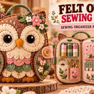May include: A felt owl sewing kit featuring a brown owl-shaped organiser with floral embroidery and a button closure. The open interior displays spools of thread, gold scissors, a pin cushion, and needle storage pockets. Text reads: FELT OWL SEWING KIT SEWING ORGANISER PATTERN DIGITAL PDF PATTERN.