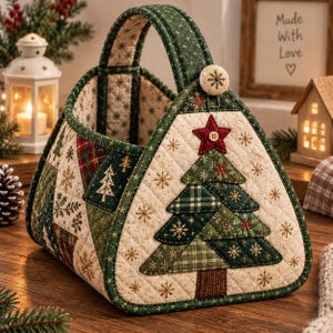 May include: A triangular quilted fabric basket featuring a festive Christmas tree applique on the front panel. The basket is constructed with cream, dark green, and plaid fabric patches, accented with embroidered snowflakes and a single button.