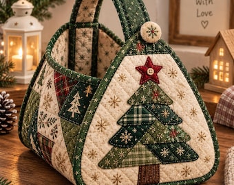 Puede incluir: Una cesta triangular de tela acolchada con una aplicación de árbol de Navidad en el panel frontal. La cesta está construida con parches de tela color crema, verde oscuro y cuadros, acentuada con copos de nieve bordados y un botón.