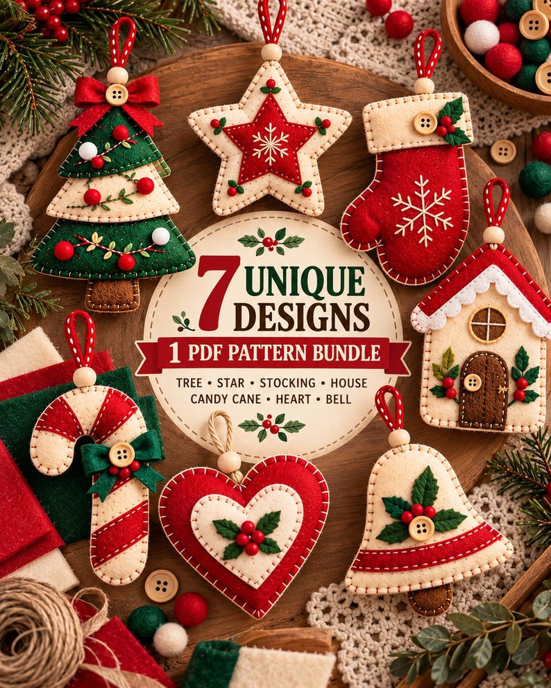 Puede incluir: Una colecci&oacute;n de siete adornos navide&ntilde;os de fieltro que incluyen un &aacute;rbol, estrella, calcet&iacute;n, casa, bast&oacute;n de caramelo, coraz&oacute;n y campana. Cada pieza tiene costuras, botones de madera y detalles rojos y verdes. El texto dice 7 UNIQUE DESIGNS 1 PDF PATTERN BUNDLE.