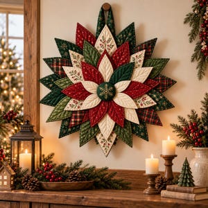 Könnte beinhalten: Ein sternförmiger Wandbehang aus Stoff mit geschichteten, gesteppten Blütenblättern in Rot, Dunkelgrün und Creme. Das Design umfasst Karomuster und florale Motive mit einem zentralen dunkelgrünen Knopf, der mit einer goldenen Schneeflocke bestickt ist.