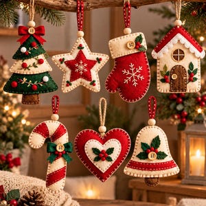 Puede incluir: Un conjunto de siete adornos navide&ntilde;os de fieltro con forma de &aacute;rbol, estrella, manopla, casa, bast&oacute;n de caramelo, coraz&oacute;n y campana. Cada pieza est&aacute; hecha de fieltro crema, rojo y verde con detalles cosidos, cuentas de madera y lazos de cuerda.