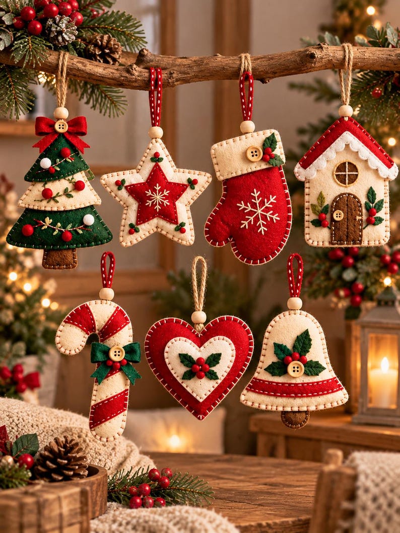 Puede incluir: Un conjunto de siete adornos navide&ntilde;os de fieltro con forma de &aacute;rbol, estrella, manopla, casa, bast&oacute;n de caramelo, coraz&oacute;n y campana. Cada pieza est&aacute; hecha de fieltro crema, rojo y verde con detalles cosidos, cuentas de madera y lazos de cuerda.