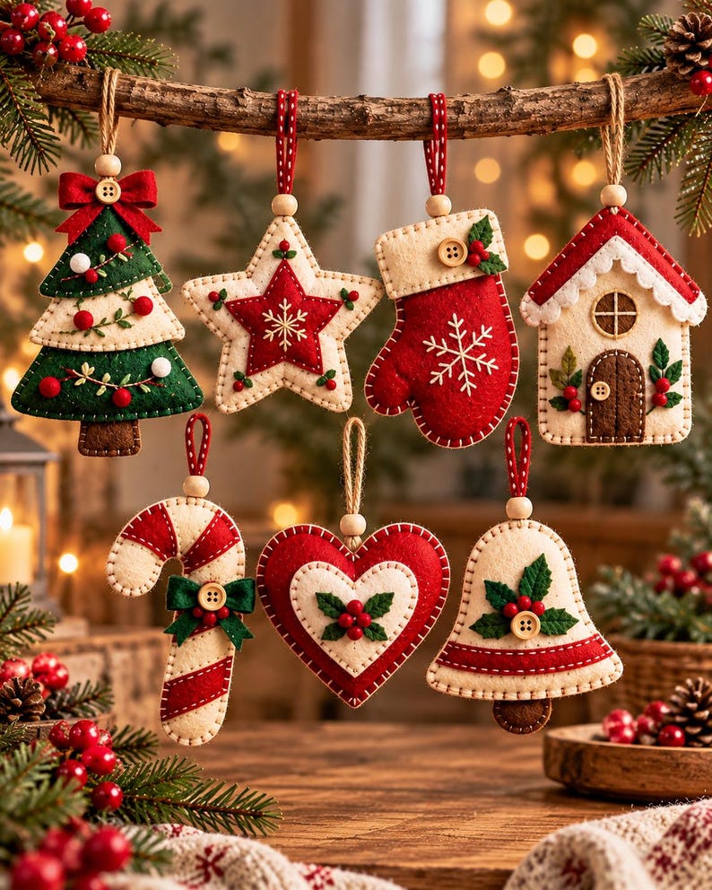 Puede incluir: Un conjunto de siete adornos navide&ntilde;os de fieltro colgados de una rama de madera. El set incluye un &aacute;rbol, una estrella, un guante, una casa, un bast&oacute;n de caramelo, un coraz&oacute;n y una campana con costuras en rojo, verde y crema y botones.