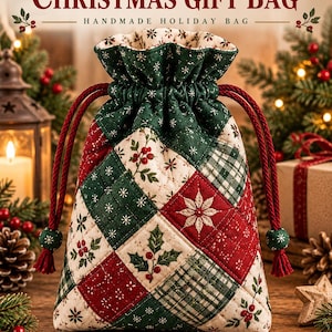 May include: A quilted Christmas gift bag featuring a patchwork design of red, green, and cream fabric squares with holly, berry, and snowflake patterns. The bag has a drawstring closure with two dark red braided cords and green bead accents.
