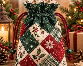 Puede incluir: Una bolsa de regalo de Navidad acolchada con un diseño de patchwork de cuadrados de tela rojos, verdes y crema con patrones de acebo, bayas y copos de nieve. La bolsa tiene un cierre de cordón con dos cuerdas trenzadas rojo oscuro y cuentas verdes.