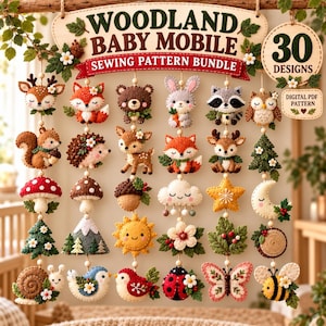 May include: A digital PDF sewing pattern bundle for a woodland baby mobile featuring 30 felt designs. The display shows various stuffed felt ornaments including animals like a deer, fox, bear, rabbit, raccoon, owl, squirrel, snail, and bee, plus nature elements like mushrooms, trees, mountains, sun, moon, flowers, and a butterfly.