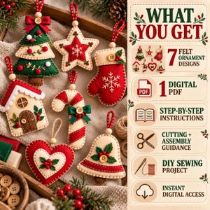 Puede incluir: Un conjunto de siete adornos navide&ntilde;os de fieltro que incluyen un &aacute;rbol, estrella, manopla, casa, bast&oacute;n de caramelo, coraz&oacute;n y campana. La imagen incluye texto que detalla un proyecto de costura en PDF digital con instrucciones paso a paso.