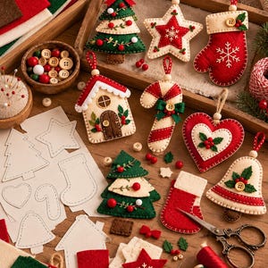 Puede incluir: Una colecci&oacute;n de adornos navide&ntilde;os de fieltro que incluye un &aacute;rbol, estrella, calcet&iacute;n, casa, bast&oacute;n de caramelo, coraz&oacute;n y campana. El set incluye plantillas de papel, botones de madera, carretes de hilo y tijeras para crear los adornos.