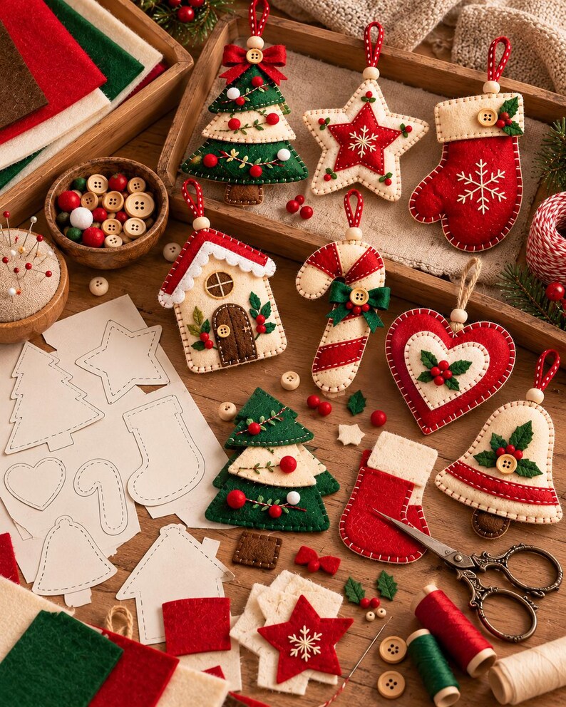 Puede incluir: Una colecci&oacute;n de adornos navide&ntilde;os de fieltro que incluye un &aacute;rbol, estrella, calcet&iacute;n, casa, bast&oacute;n de caramelo, coraz&oacute;n y campana. El set incluye plantillas de papel, botones de madera, carretes de hilo y tijeras para crear los adornos.