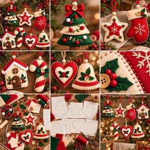 Puede incluir: Una colecci&oacute;n de adornos navide&ntilde;os de fieltro que incluye un &aacute;rbol, una estrella, un guante, una casa, un bast&oacute;n de caramelo, un coraz&oacute;n y una campana. Cada pieza presenta fieltro rojo, verde y crema con detalles bordados, peque&ntilde;os botones de madera y lazos para colgar.