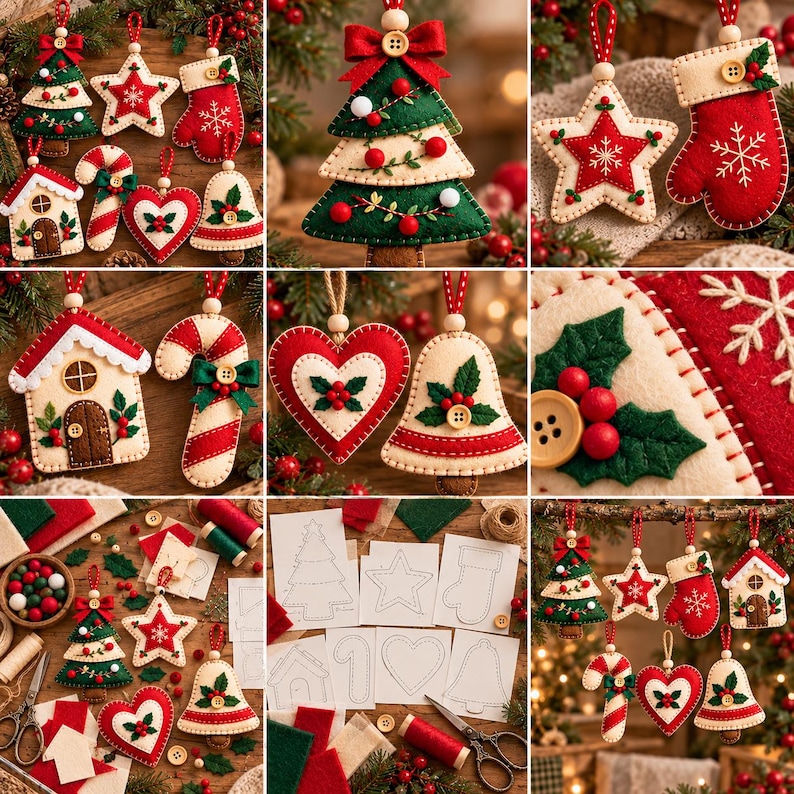 Puede incluir: Una colecci&oacute;n de adornos navide&ntilde;os de fieltro que incluye un &aacute;rbol, una estrella, un guante, una casa, un bast&oacute;n de caramelo, un coraz&oacute;n y una campana. Cada pieza presenta fieltro rojo, verde y crema con detalles bordados, peque&ntilde;os botones de madera y lazos para colgar.