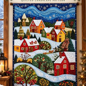 May include: A wall-hanging quilt titled Winter Village Quilt featuring a quilted landscape pattern of houses with snow-covered roofs, evergreen trees, and bare branches. The scene includes red, yellow, and orange houses set against a blue sky.