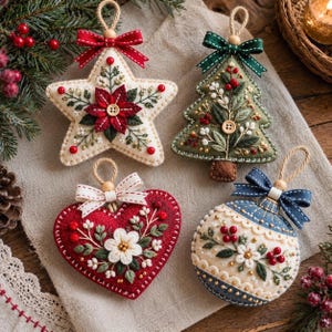 May include: Four felt ornaments featuring embroidered botanical designs. One cream star with a red poinsettia, one green tree with white berries, one red heart with a white flower, and one blue and cream bauble with white flowers and red berries.