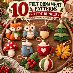 Può includere: Una collezione di 10 modelli di ornamenti in feltro in un pacchetto PDF, con disegni artigianali di volpe, gufo, ghianda, pino, fungo, guanto, tazza di cacao, foglia, bacche di agrifoglio e una palla a righe, su un vassoio di legno.