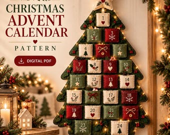 Puede incluir: Un patrón de calendario de Adviento navideño en formato PDF digital, que muestra un árbol de fieltro para colgar en la pared con veinticuatro bolsillos numerados en rojo, verde y crema, decorado con copos de nieve, corazones y estrellas bordados.