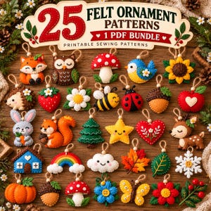 Könnte beinhalten: Eine digitale Sammlung von 25 Filzornament-Mustern in einem PDF-Paket. Das Bild zeigt verschiedene bunte Filzformen, darunter Tiere, Blumen, Früchte, einen Regenbogen, ein Haus und saisonale Symbole, jeweils mit einer kleinen Schlaufe zum Aufhängen.
