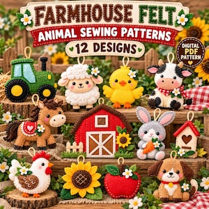 May include: A collection of 12 felt animal and farm-themed sewing patterns featuring a green tractor, white sheep, yellow chick, black and white cow, brown horse, red barn, gray rabbit with a carrot, birdhouse, white chicken, sunflower, red apple, and brown dog.