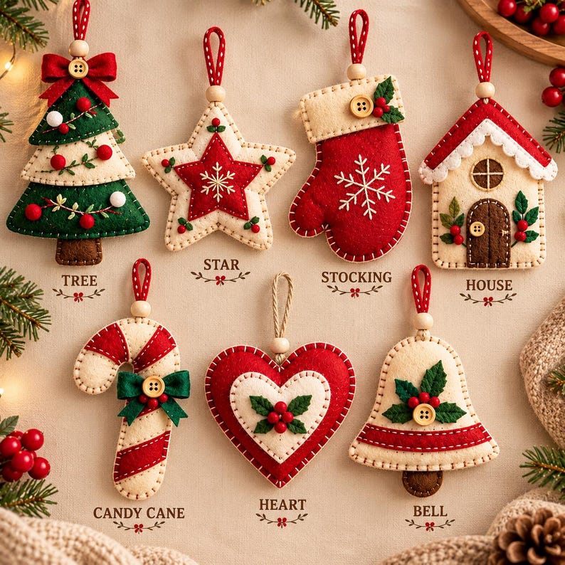 Puede incluir: Un conjunto de siete adornos navide&ntilde;os de fieltro que incluyen un &aacute;rbol, estrella, calcet&iacute;n, casa, bast&oacute;n de caramelo, coraz&oacute;n y campana. Cada adorno presenta colores rojo, verde y crema con detalles cosidos y botones de madera.
