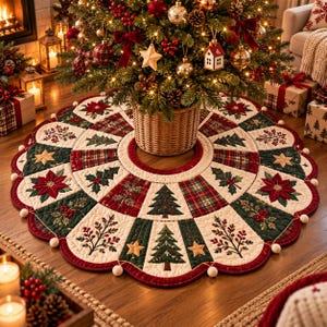Könnte beinhalten: Ein runder, gesteppter Weihnachtsbaumteppich mit gewelltem Rand und weißen Bommeln. Das Design besteht aus abwechselnden Feldern in Creme, Dunkelgrün und rotem Schottenkaro, verziert mit gestickten Weihnachtssternen, Tannen und Sternen.