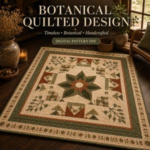 May include: A square quilt featuring a central star motif in shades of green and rust orange, surrounded by botanical leaf patterns and geometric shapes on a cream background. The text BOTANICAL QUILTED DESIGN and DIGITAL PATTERN PDF is visible.