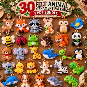 May include: A collection of 30 felt animal ornaments featuring a deer, fox, raccoon, rabbit, owl, bird, bee, ladybug, frog, hedgehog, squirrel, panda, bear, elephant, giraffe, whale, turtle, penguin, koala, chick, lion, cat, zebra, dinosaur, and shark.