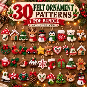 Könnte beinhalten: Ein digitales Set mit 30 Filzornament-Mustern, das verschiedene weihnachtliche Motive wie Pilz, Lebkuchenmann, Schneemann, Pinguin, Rentier, Fuchs, Bär, Weihnachtsbaum, Socke, Zuckerstange und Schneeflocke auf einem Holzhintergrund zeigt.
