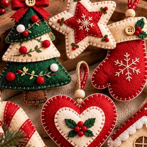 Puede incluir: Una colecci&oacute;n de adornos navide&ntilde;os de fieltro que incluye un &aacute;rbol de capas verde y crema con un lazo rojo, una estrella crema con centro rojo, un guante rojo con un copo de nieve, un coraz&oacute;n rojo con acebo, un bast&oacute;n de caramelo y una casa.
