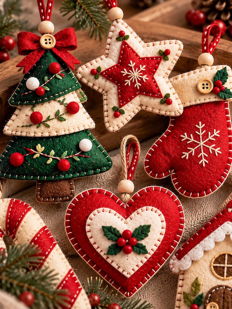 Puede incluir: Una colecci&oacute;n de adornos navide&ntilde;os de fieltro que incluye un &aacute;rbol de capas verde y crema con un lazo rojo, una estrella crema con centro rojo, un guante rojo con un copo de nieve, un coraz&oacute;n rojo con acebo, un bast&oacute;n de caramelo y una casa.