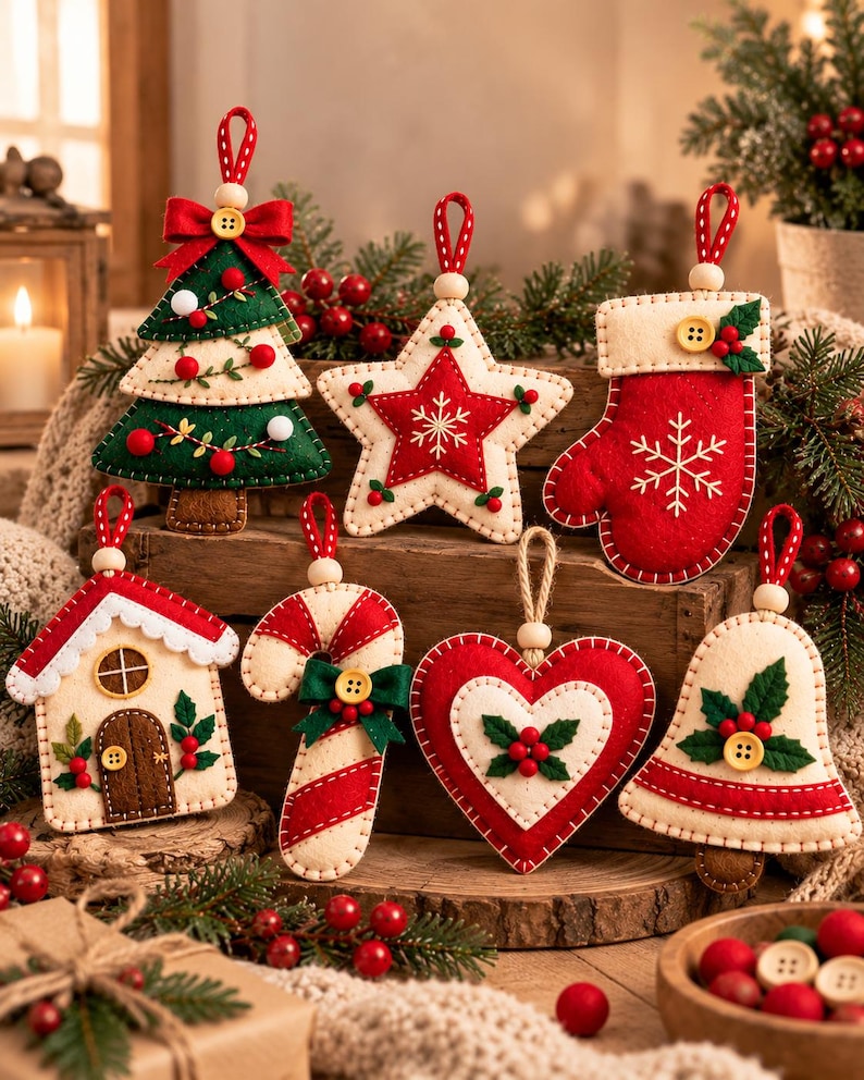 Puede incluir: Un conjunto de siete adornos navide&ntilde;os de fieltro con forma de &aacute;rbol, estrella, manopla, casa, bast&oacute;n de caramelo, coraz&oacute;n y campana. Cada pieza est&aacute; hecha de fieltro rojo, verde y crema con detalles bordados, botones de madera y lazos.