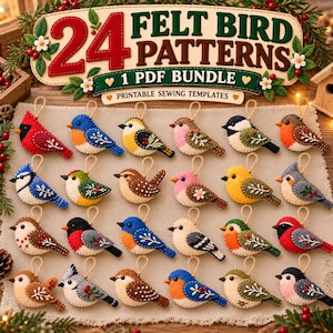 Puede incluir: Una colección de 24 adornos de pájaros de fieltro con diversos colores y patrones, dispuestos en una cuadrícula. El encabezado dice 24 FELT BIRD PATTERNS 1 PDF BUNDLE PRINTABLE SEWING TEMPLATES. Cada pájaro tiene un lazo y costuras decorativas.