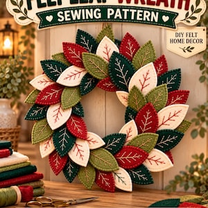 May include: A felt leaf wreath sewing pattern featuring red, dark green, olive green, and cream-colored felt leaves with embroidered veins. The text reads FELT LEAF WREATH SEWING PATTERN, DIY FELT HOME DECOR, and PRINTABLE PDF HAND SEWING FELT CRAFT.