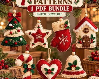 Puede incluir: Un paquete de descarga digital con 7 patrones de adornos de fieltro que incluyen un árbol de Navidad, estrella, calcetín, casa, bastón de caramelo, corazón y campana. Cada adorno está hecho de fieltro con costuras, botones y bayas.