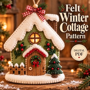 May include: A felt winter cottage ornament featuring a green house with a white snow-covered roof, a brown door with a wreath, a small pine tree, and a red gingham bow. The text reads Felt Winter Cottage Pattern and DIGITAL PDF.