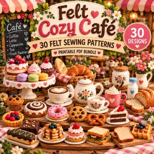 Paket med sömnadsmönster för filtmat, 30 PDF-mönster för filtbageri och café, gör-det-själv-lekmat, filtkaffe- och teservis, lekkök