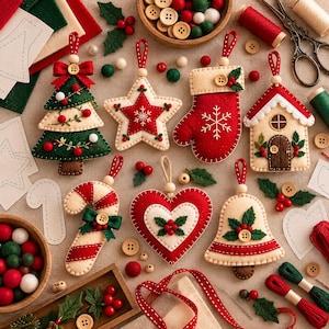 Puede incluir: Una colecci&oacute;n de adornos navide&ntilde;os de fieltro que incluye un &aacute;rbol, una estrella, un calcet&iacute;n, una casa, un bast&oacute;n de caramelo, un coraz&oacute;n y una campana, con detalles cosidos, botones de madera y lazos para colgar sobre una superficie neutra.