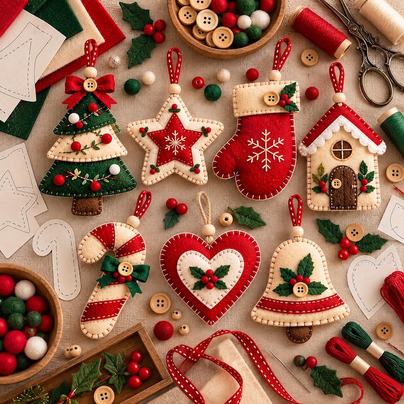 Puede incluir: Una colecci&oacute;n de adornos navide&ntilde;os de fieltro que incluye un &aacute;rbol, una estrella, un calcet&iacute;n, una casa, un bast&oacute;n de caramelo, un coraz&oacute;n y una campana, con detalles cosidos, botones de madera y lazos para colgar sobre una superficie neutra.