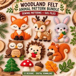 May include: A Woodland Felt Animal Pattern Bundle featuring sewing patterns and SVG files. The collection includes felt figures of a fox, deer, rabbit with a carrot, owl, hedgehog with an apple, squirrel with an acorn, a tree, mushroom, and leaves.
